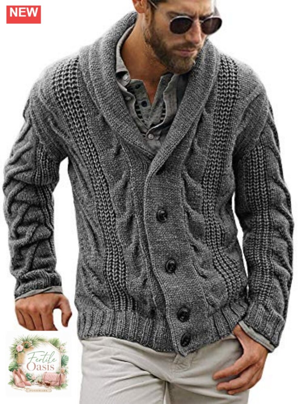 Men's Cable Knit Shawl Collar Cardigan Sweater Loose Fit